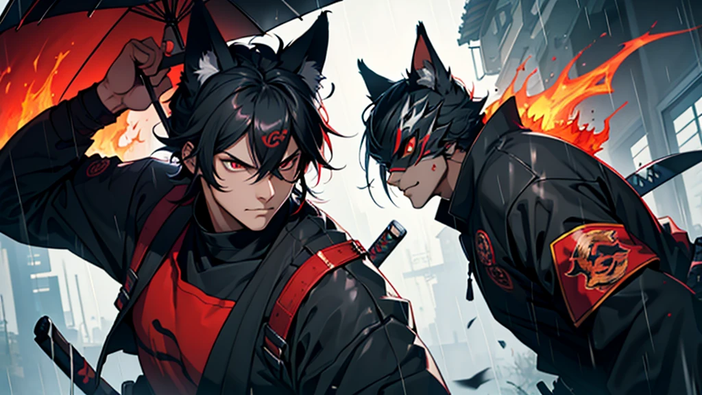 create black cyber samurai with red fire eye, fox mask and katana in the middle of rain