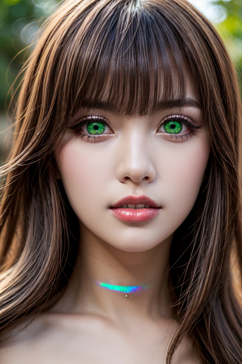 photorealism 16K realism, (Hyper-realistic proportional body, anatomically correct:1.3), ((ultra-fine digital art)), ((intricately detailed beautiful face)), (light pale complexion), BREAK, ((small round head)),(high detailed realistic Super beautiful slim and sharp-face), (best highest detailed realistic green_eyes:1.25), (Hyperrealistic sharp real human eyes), ((tired and sleepy and satisfied:0.0)), ((close up of a woman's eyes:1.12)), perfect round eyes, ((finely detailed pupils:1.3)). BREAK, (detailed lips:1.3), pink_makeup:1.3, (long_blue_eyeliner:1.3), (red_lipstick:1.35),((perfect dark_eyeshadows:1.45)), ((super detailed professional makeup on eyes)), (Detailed nose:1.2), (best high quality real texture skin:1.3), (red hair((bangs combed to the two side)), intricately details:1.3), beautiful cheekbones, dramatic lighting, ((perfect composition)), pale skin, ((dry skin)), only 1 female, ((unconventional skirt, transparent PVC in the shade of ORANGE:1.2)), ((Shiny ORANGE Transparent Holographic Full Bodysuit: 1.3)), cinematic light, detailed background of a large park with trees, dynamic pose, ((no decorations in the hair)), (dark shot:1.1), (firm normal full breasts), 