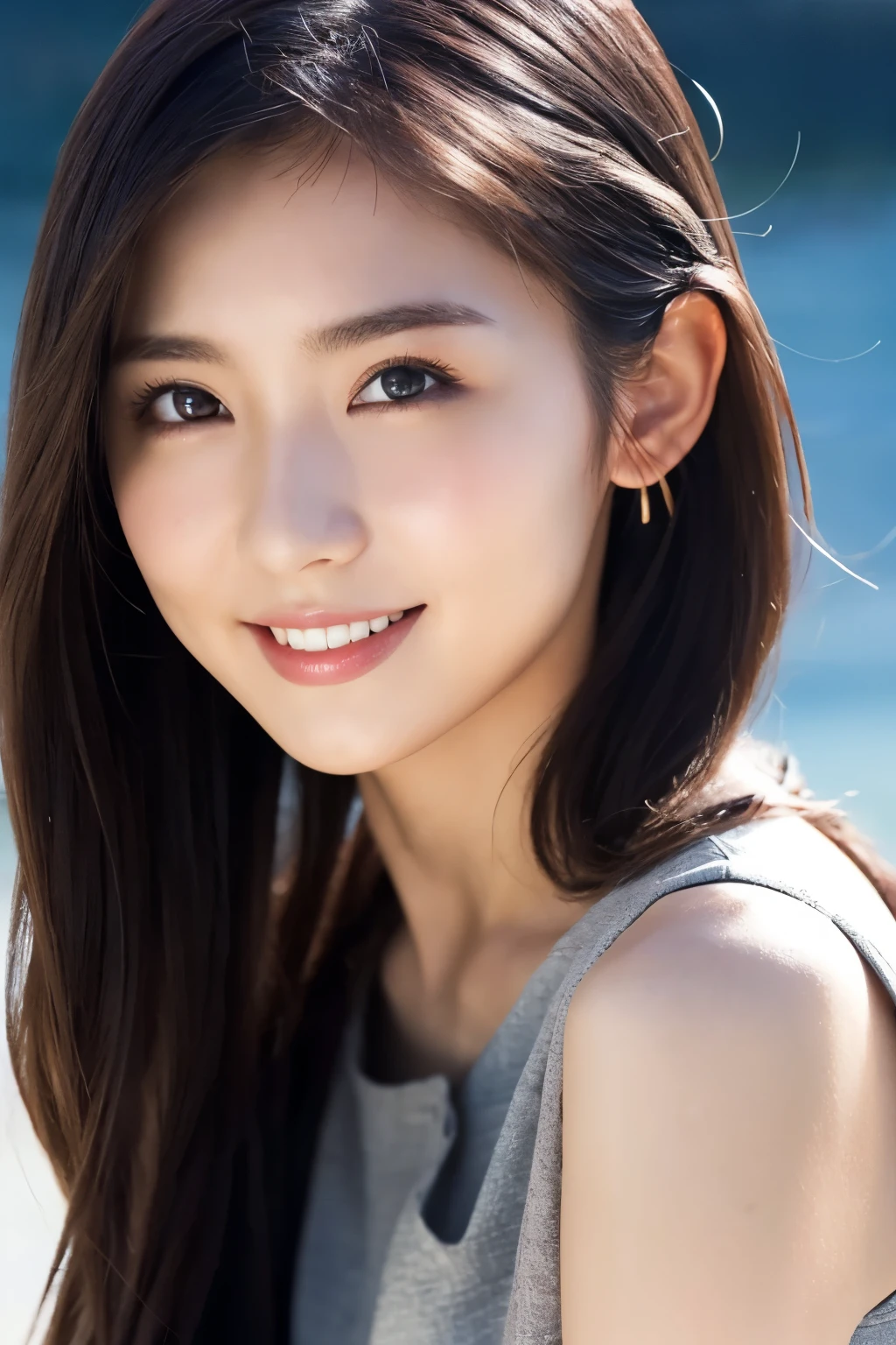 1 Girl, (Wearing a gray dress:1.2), (Supercluster), Very beautiful Japanese idol portraits, 
(RAW Photos, Highest quality), (Realistic, Realistic:1.4), (masterpiece), 
Very delicate and beautiful, Very detailed, 2k wallpaper, wonderful, finely, Very detailed CG Unity 8K wallpaper, Very detailed, High resolution, Soft Light, 
Beautiful detailed girl, Very detailed eyes and face, Beautiful and sophisticated nose, Beautiful and beautiful eyes, Cinema Lighting, 
(Fashion magazine photography:1.3), (Outdoor), (night lighting), (Waterfront), 
(Semi-long hair), 
Complete Anatomy, Slender body, Small breasts, smile