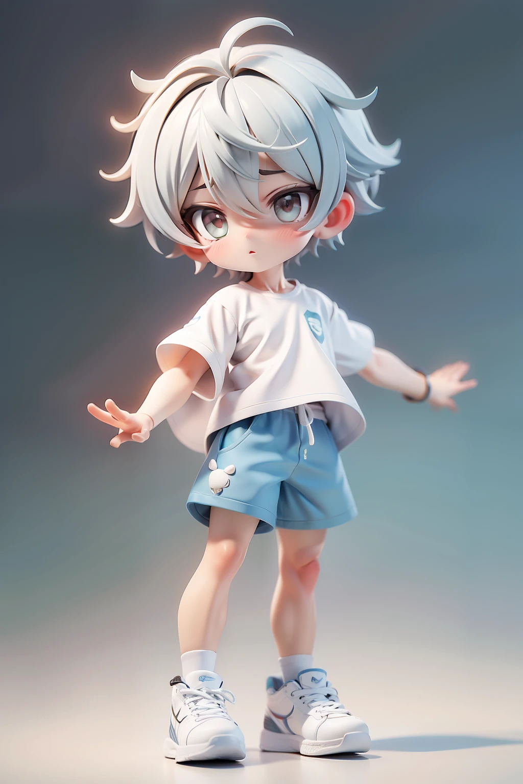 White short-haired boy, white short-sleeved shirt, blue shorts, white sneakers