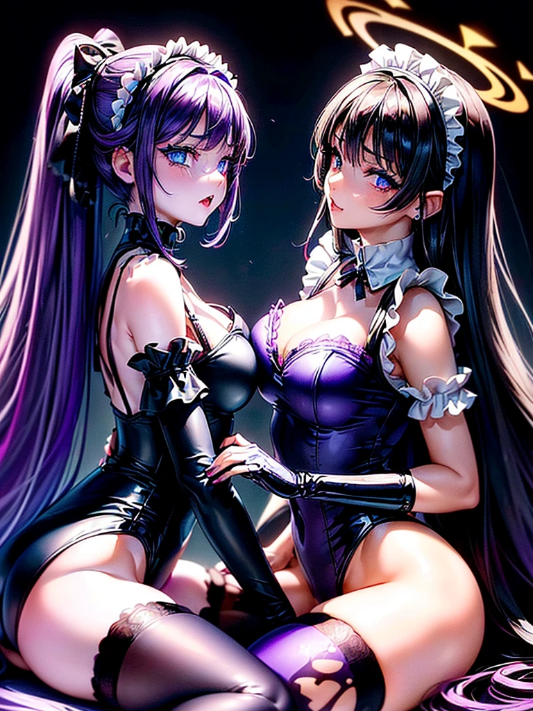 Highest quality,Highest Resolution,(((A beautiful girl with blue eyes and black hair in a maid leotard)))and(((A beautiful purple-haired girl with beautiful red eyes wearing a gothic lolita leotard)))are having sex in the sitting position,kiss,saliva,(((Halo))),Tears,