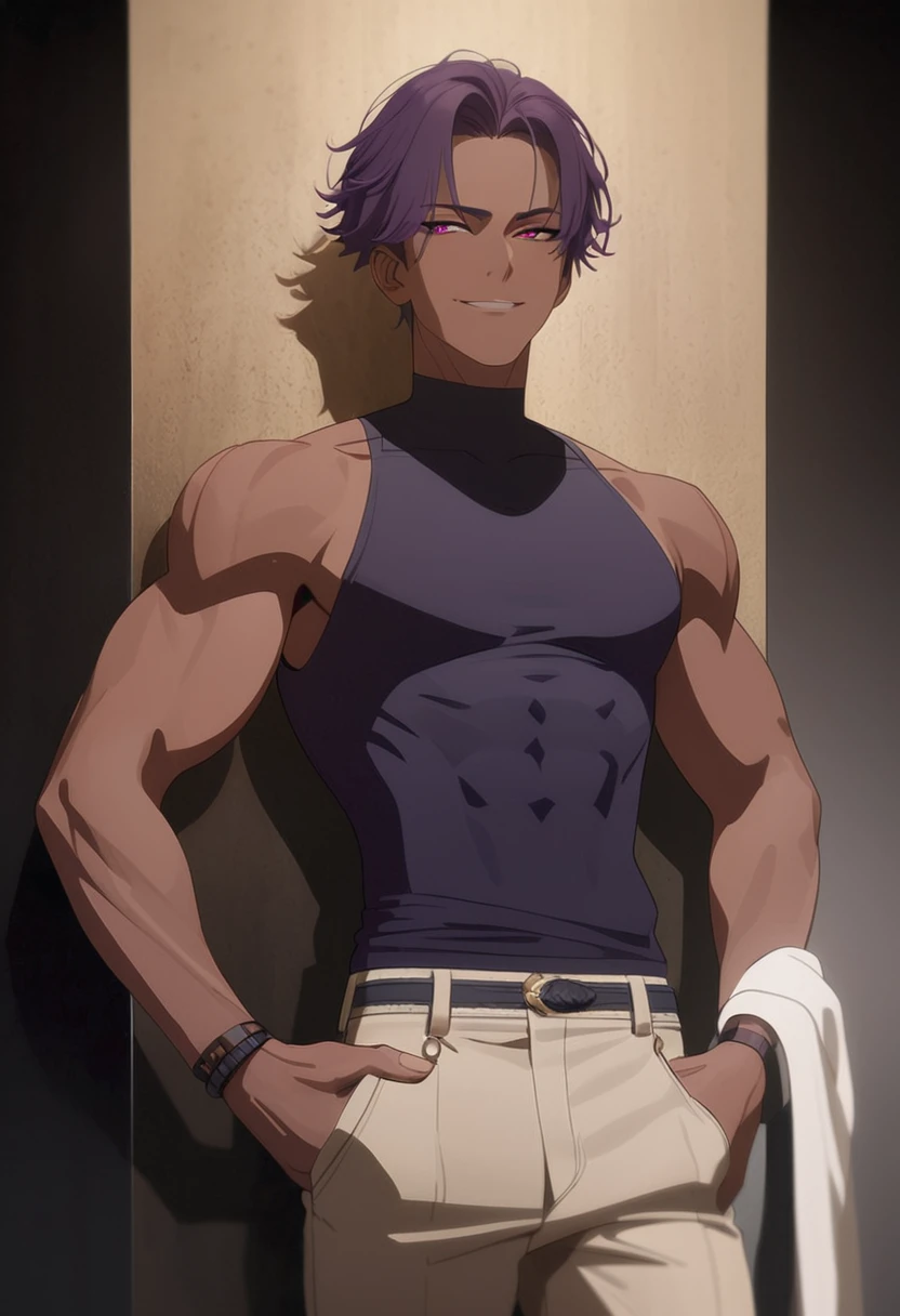 Work of art, best quality, realistic, 1 man, young man, charming, 19 years old, dark skin, half-closed eyes, smirk, extremely detailed face, ((red iris color)), ((Purple hair American style combed to the side)), strong body, black background, cinematic, wearing white sleeveless shirt, beige pants, hands in pockets.