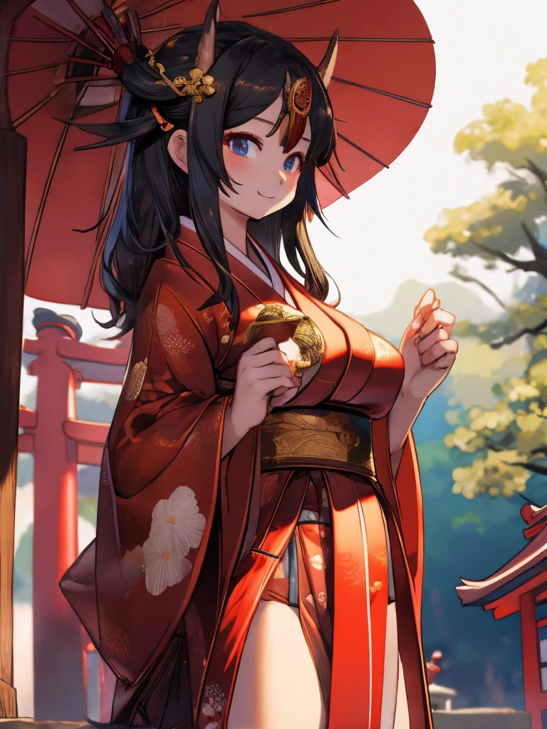 best quality, masterpiece, ph utaha, 1girl, solo, umbrella, japanese clothes, long hair, kimono, red eyes, black hair, hair ornament, perfect background, hairband, oil-paper umbrella, simple background, breasts, flower, hair flower, floral print, cleavage, geta, standing, smile, bag, ribbon, sandals, wide sleeves, hair ribbon, sash, medium breasts, off shoulder, holding umbrella, obi, bare shoulders, platform footwear