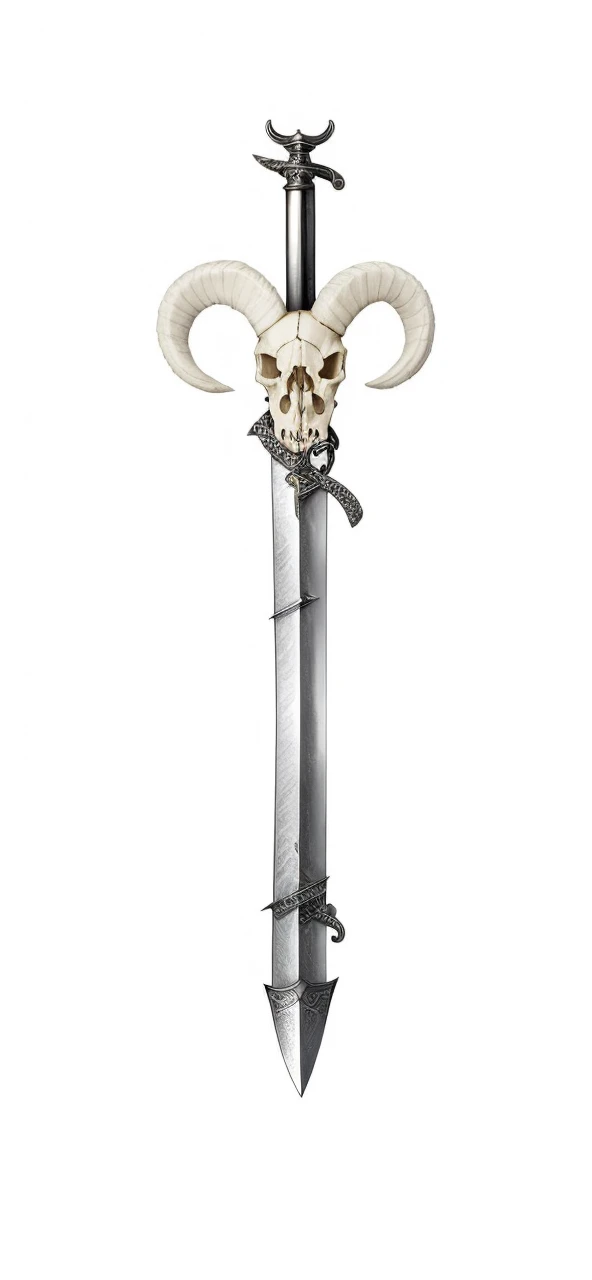 Sword, on its scabbard has a sheep's skull, sword wrapped by a black snake.