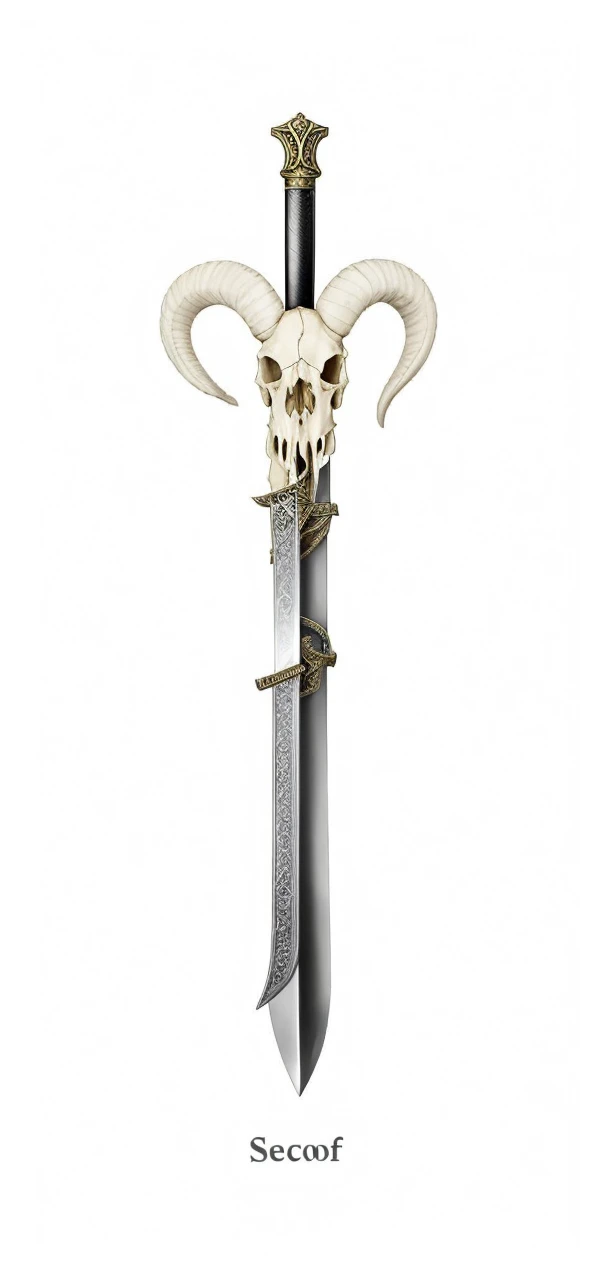 Sword, on its scabbard has a sheep's skull, sword wrapped by a black snake.