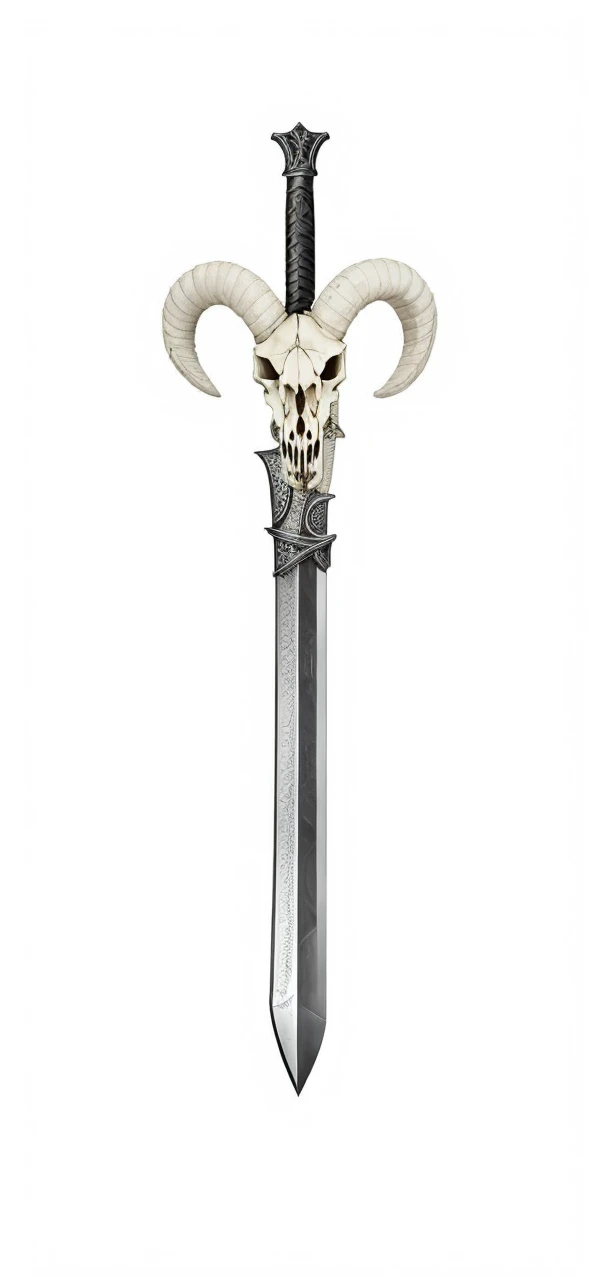 Sword, on its scabbard has a sheep's skull, sword wrapped by a black snake. 