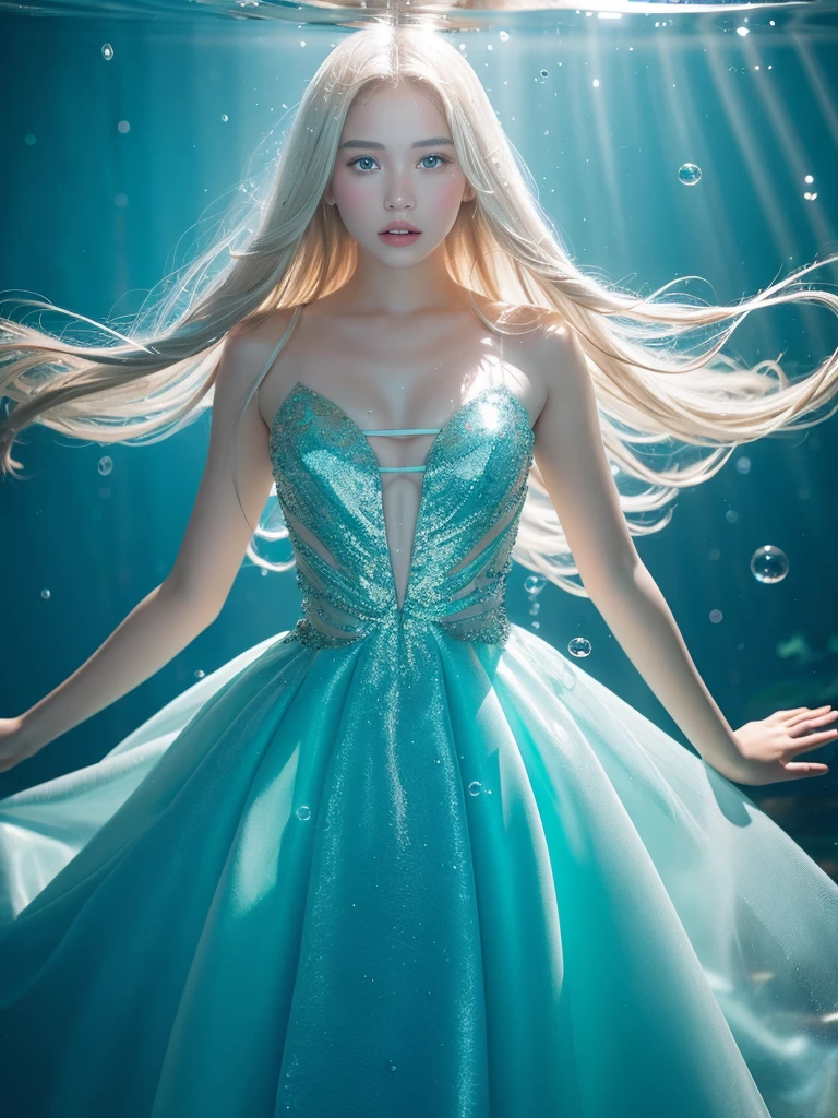 Young woman wearing a dress entirely made of transparent flowing water. Fluid, cascading gown with dynamic water movement. creating a mesmerizing blend of flowing liquid and delicate bubble structures. Shimmering, iridescent water surface with rainbow reflections on bubble areas. Water drops of various sizes forming the dress's texture. High-detail photography, fantasy concept art style. Simple plain light blue background.