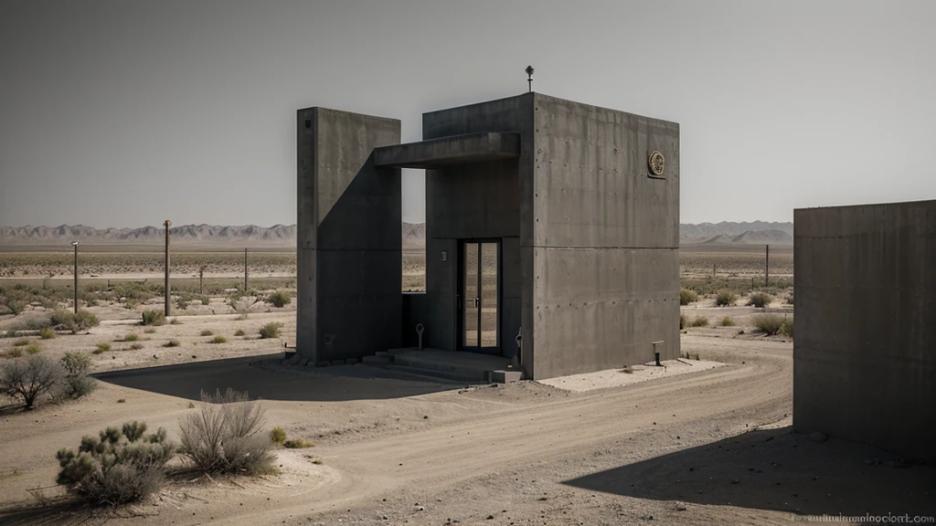 high,Military watchtower made of dark concrete.,in a desert