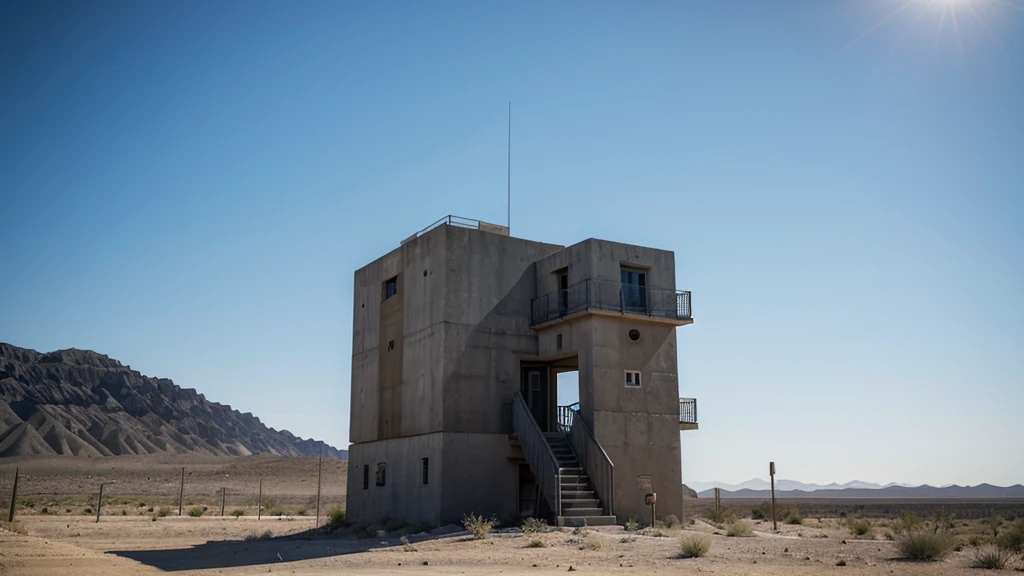 high,Military watchtower made of dark concrete.,in a desert