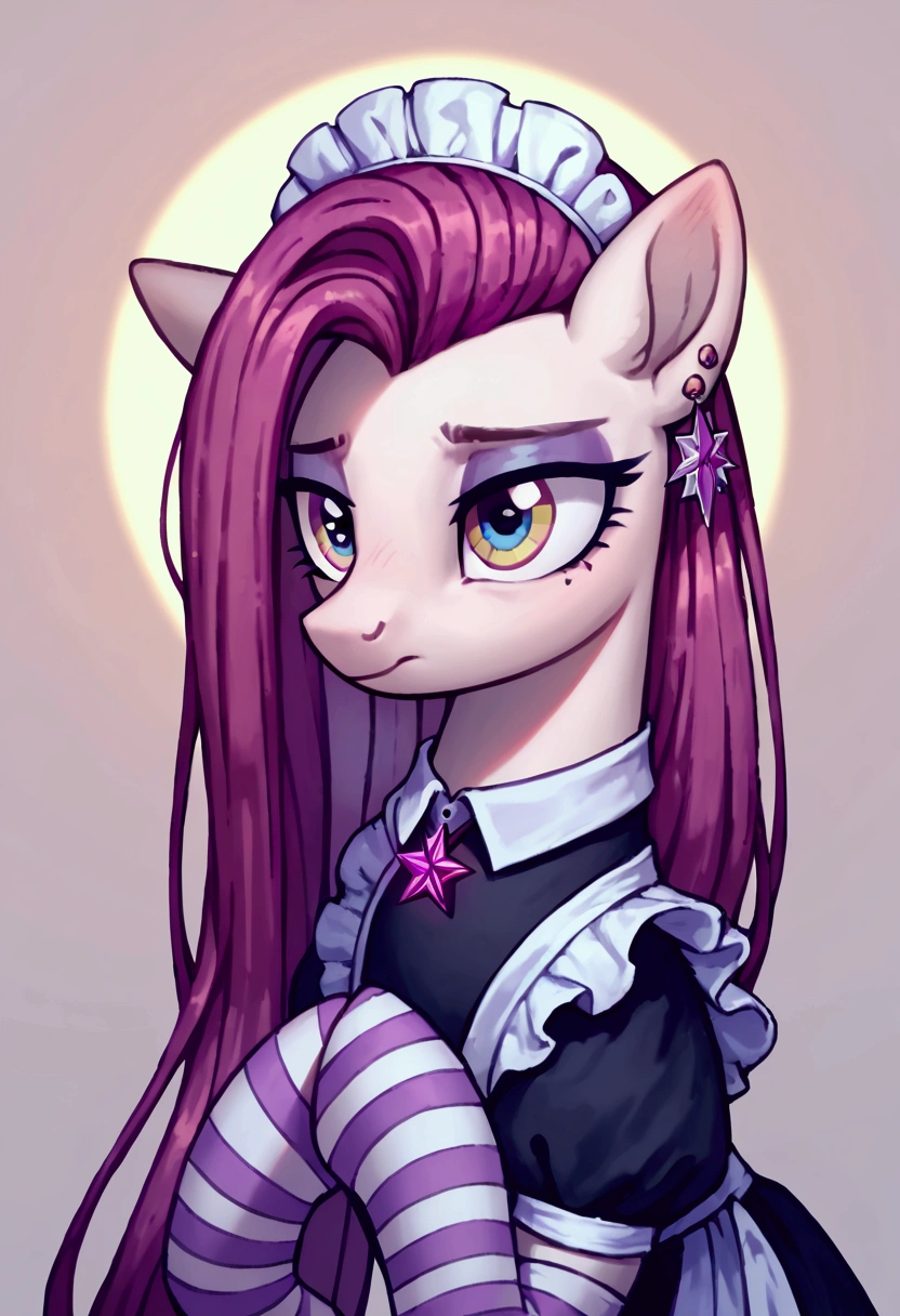 score_9,score_8_up,score_7_up,score_6_up, ((my little pony)), radiant lighting, vibrant colors, whimsical atmosphere, 8K, high resolution, highly detailed, masterpiece, (shy look), ((pony body)), white body, blue eyes, (maid costume), striped stockings, star pendant, earrings, eyeshadow, (long magenta hair:1.6)