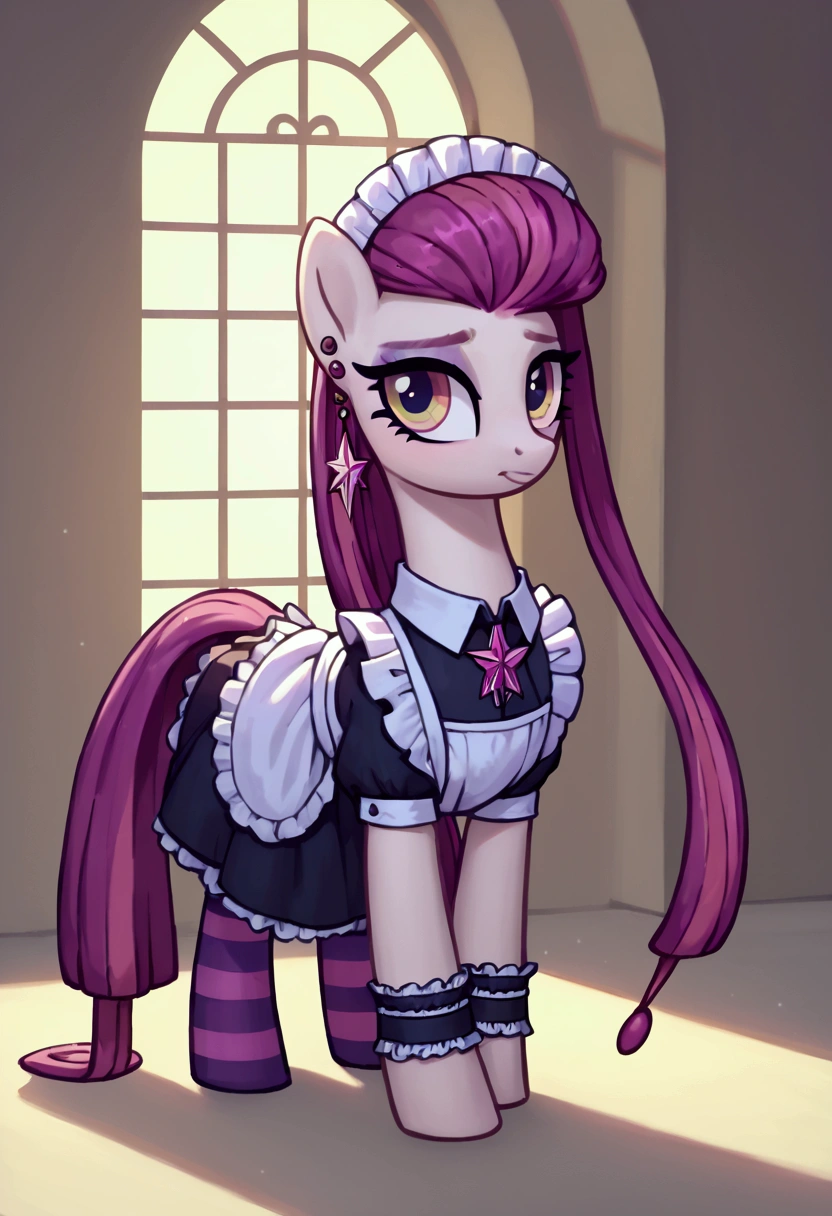 score_9,score_8_up,score_7_up,score_6_up, ((my little pony)), radiant lighting, vibrant colors, whimsical atmosphere, 8K, high resolution, highly detailed, masterpiece, (shy look), ((pony body)), white body, blue eyes, (maid costume), striped stockings, star pendant, earrings, eyeshadow, (long magenta hair:1.6)