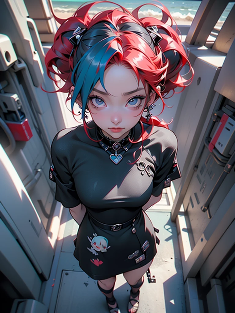 hair match, piercing, tattoo, godo_punk, single girl, solo, best quality, photographer, super high quality illustration, attractive anime girl, (revealing black mini dress: 1.4), gothic lolita, hatsune miku, thin hair, high hair, (red hair: 1.4), girl, girl photo, thin waist, full hair toma, detailed beautiful eyes: 1.4, transformation, piercing, hair match, jewelry, hatsune miku, close-up POV camera view from above, bending forward, butt sticking out (ocean: 1.4), real motor: 1.4, uhd, best quality: 1.4, photographer: 1.4, face texture: 1.4, work maestra: 1.8, (details: 1.4)