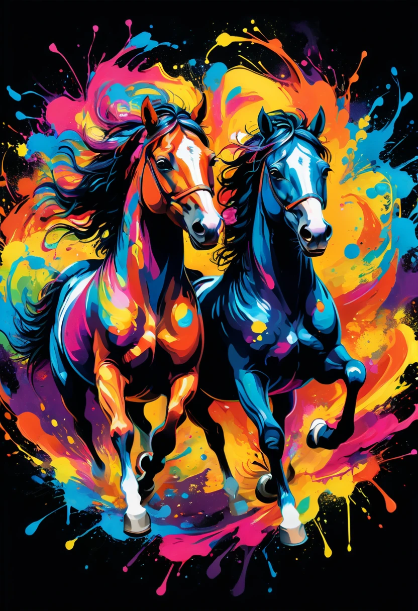 A t-shirt with a colorful illustration of two running horses, At the center, swirly vibrant colors, paint splashes and smears, ultra detaild, 16K,extremely detaild, black backdrop (artwork, best quality, proffesional, perfect composition, very aesthetic, absurdrez, super verbose, Intricate details:1.3)