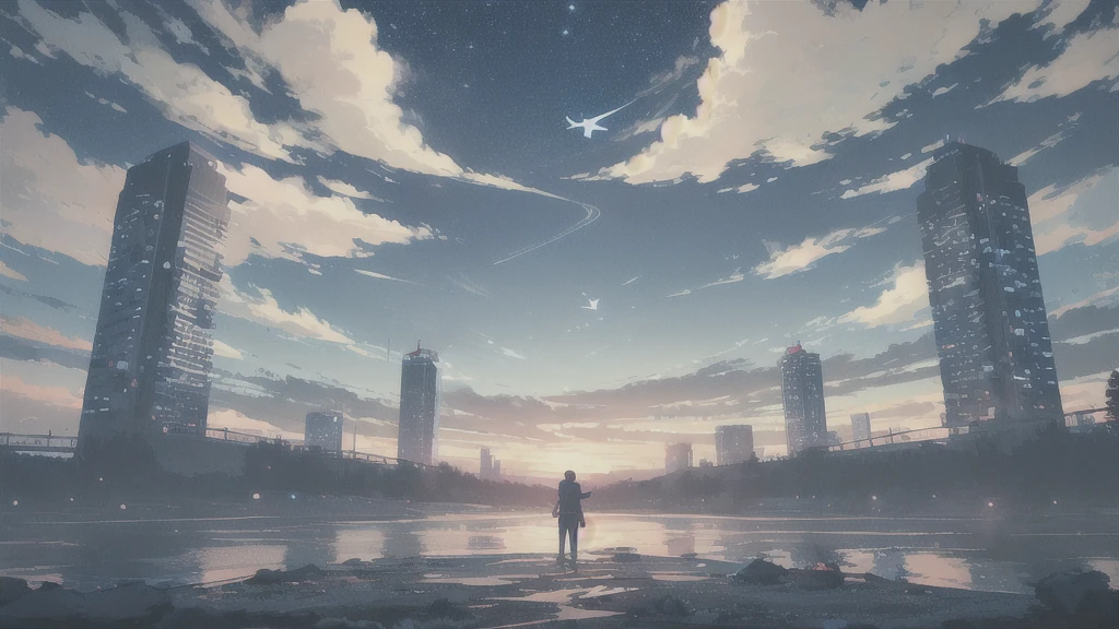 Acoustic guitar,Pitch black night sky,Octane, Star (zero), scenery, Blue parakeet,The acoustic guitar is placed in front of the body.,Star, night, Back view, Outdoor, city,river,Blue parakeet,building, cloud, Heavenly River,silhouette