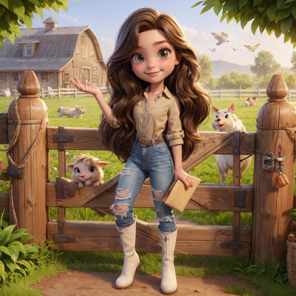 Write a story about a girl on a farm, opening the gate and calling the animals, a light brown girl, long brown wavy hair, almond-shaped brown eyes, dressed in ripped jeans, with high white boots and a beige blouse. style Disney Pixar 3D