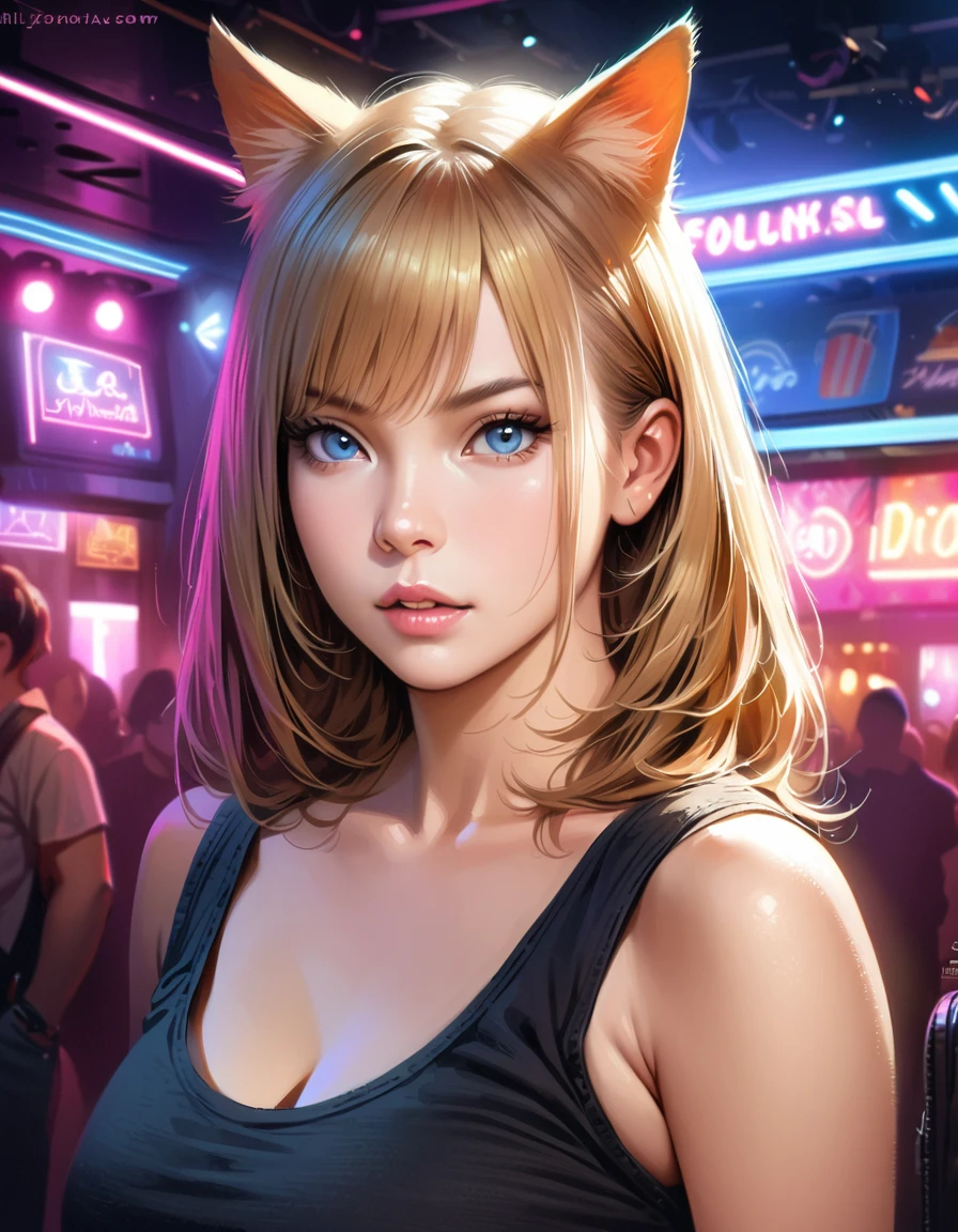 1girl, beautiful detailed eyes, beautiful detailed lips, extremely detailed eyes and face, long eyelashes, soft skin, pale skin, soft blush, blonde straight hair, tank top, bare shoulders, high-waisted shorts, looking at viewer, cat ears, plump lips, beautiful blue eyes, realistic background, nightclub, neon lights, (best quality,4k,8k,highres,masterpiece:1.2),ultra-detailed,(realistic,photorealistic,photo-realistic:1.37),vibrant colors,dramatic lighting,intricate details