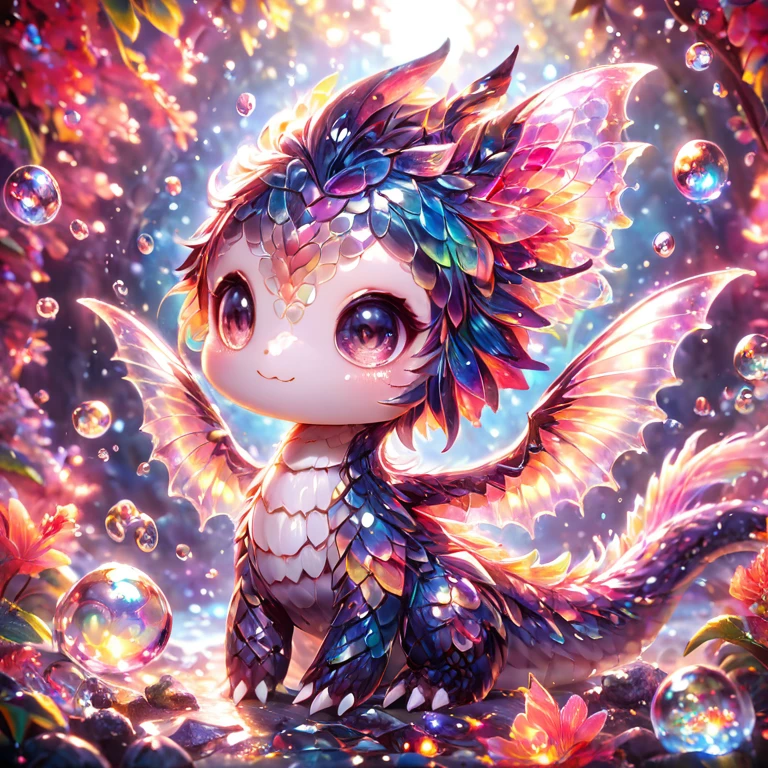 ral-smoldragons, cute, small dragon, wings, nature in background, intricate details, butterflies, whimsical, fantasy, mysterious, colorful, glowing shards, glass, brocken glass, transparent glass, pieces of glass, Made_of_pieces_broken_glass  