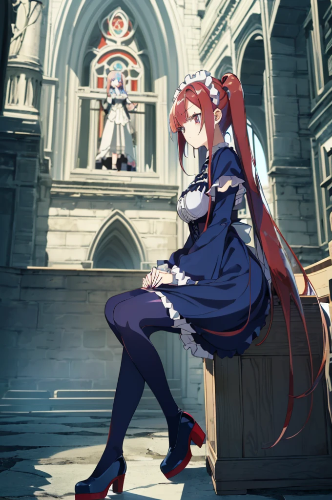 [(cathedral background:1.4)::5],original,(illustration:1.1),(best quality),(masterpiece:1.1),(extremely detailed CG unity 8k wallpaper:1.1), (colorful:0.9),(mid shot:0.95),(full body:1.5),Dynamic angle,(solo:1.2), (girl),((adult)), (detailed beautiful eyes:1.15), (beautiful face:1.15), (glowing red eyes:1.25////),((medium hair)),((split-color hair,red hair,blue hair)),(high twintails),(chignon),(+perfect hand+:1.21),(Draw an illustration of a gothic girl),(Religious),(slender),(is wearing boots on her feet),((is wearing white maid clothes)),(furious), Lace Off-shoulder lolita fashion,beautiful slender woman,high twintails,((split-color hair,red hair,blue hair)),((split-color hair,red hair,blue hair)),from side,((split-color hair,red hair,blue hair)),