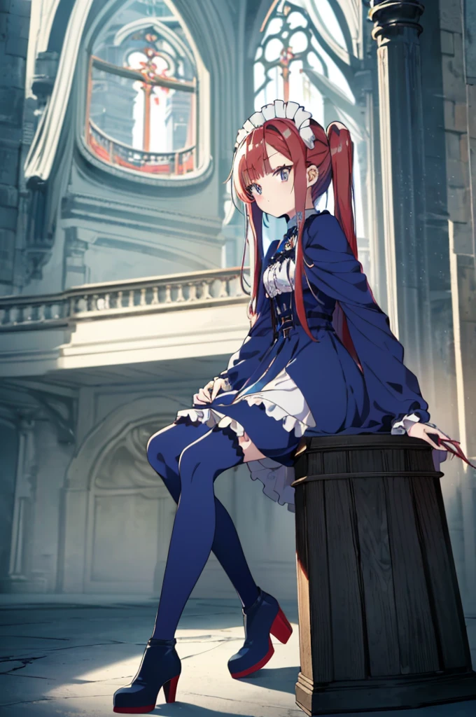 [(cathedral background:1.4)::5],original,(illustration:1.1),(best quality),(masterpiece:1.1),(extremely detailed CG unity 8k wallpaper:1.1), (colorful:0.9),(mid shot:0.95),(full body:1.5),Dynamic angle,(solo:1.2), (girl),((adult)), (detailed beautiful eyes:1.15), (beautiful face:1.15), (glowing red eyes:1.25////),((medium hair)),((split-color hair,red hair,blue hair)),(high twintails),(chignon),(+perfect hand+:1.21),(Draw an illustration of a gothic girl),(Religious),(slender),(is wearing boots on her feet),((is wearing white maid clothes)),(furious), Lace Off-shoulder ta fashion,beautiful slender woman,high twintails,((split-color hair,red hair,blue hair)),((split-color hair,red hair,blue hair)),from side,((split-color hair,red hair,blue hair)),
