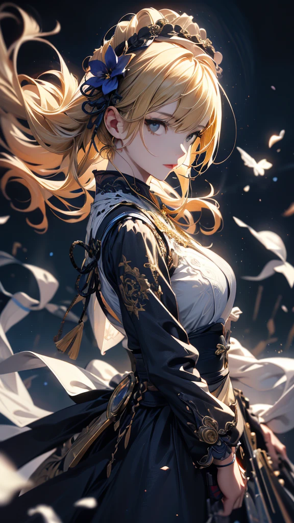 masterpiece, high quality, 4K, Beautiful design, silhouette,blonde, 非常に詳細な夜のStarry Sky,Flower Field, wonderful, Finer details, Very knowledgeable woman, Highly detailed solo, 1 female,Big Breasts,Gothic ta Fashion,2Hold a gun in front of your chest.,Night view,Starry Sky,full moon,