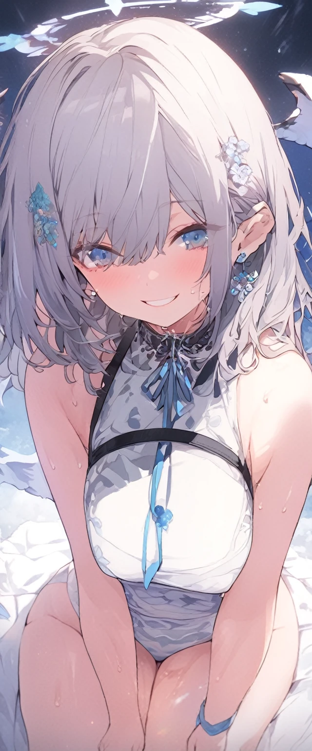 beautiful, masterpiece, Highest quality, anime, One Girl, C Cup,Portrait Shot, View your audience, Covered、Medium Hair、near、blue eyes、art、、Gray Hair,Blue striped hair、wallpaper、cute smile、Thighs、cute、bed、beautiful胸、Full Harness、valley、、Sweat、Underarm、Sleep on your back、