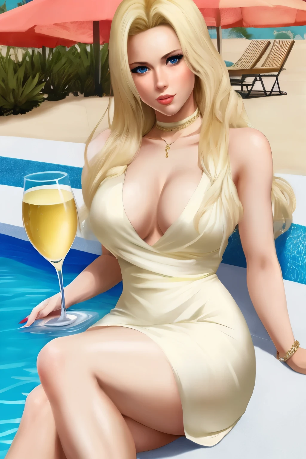 sexy blonde, 30 years old, top figure, wearing a sexy summer dress, holding a glass of white wine, relaxing by the pool, gta painted image, GTA style, beautiful painted image