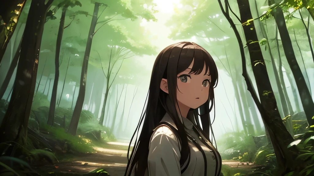 (Better image quality) a girl lost in a forest full of frores.