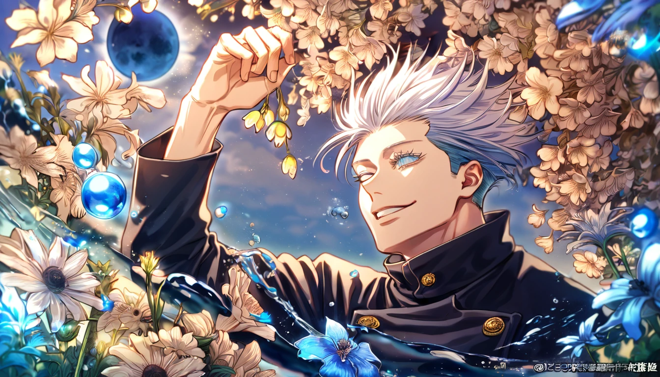 absurdres, highres, ultra detailed, HDR, master piece, Gojou Satoru, white hair, blindfolded eyes, black shirt, Jujutsu Kaisen, man, handsome, best quality, blue moon, flowers, fantasy, magical, solo, water, blue shining fireflies, blue petals, Jujutsu Kaisen uniform, handsome smile