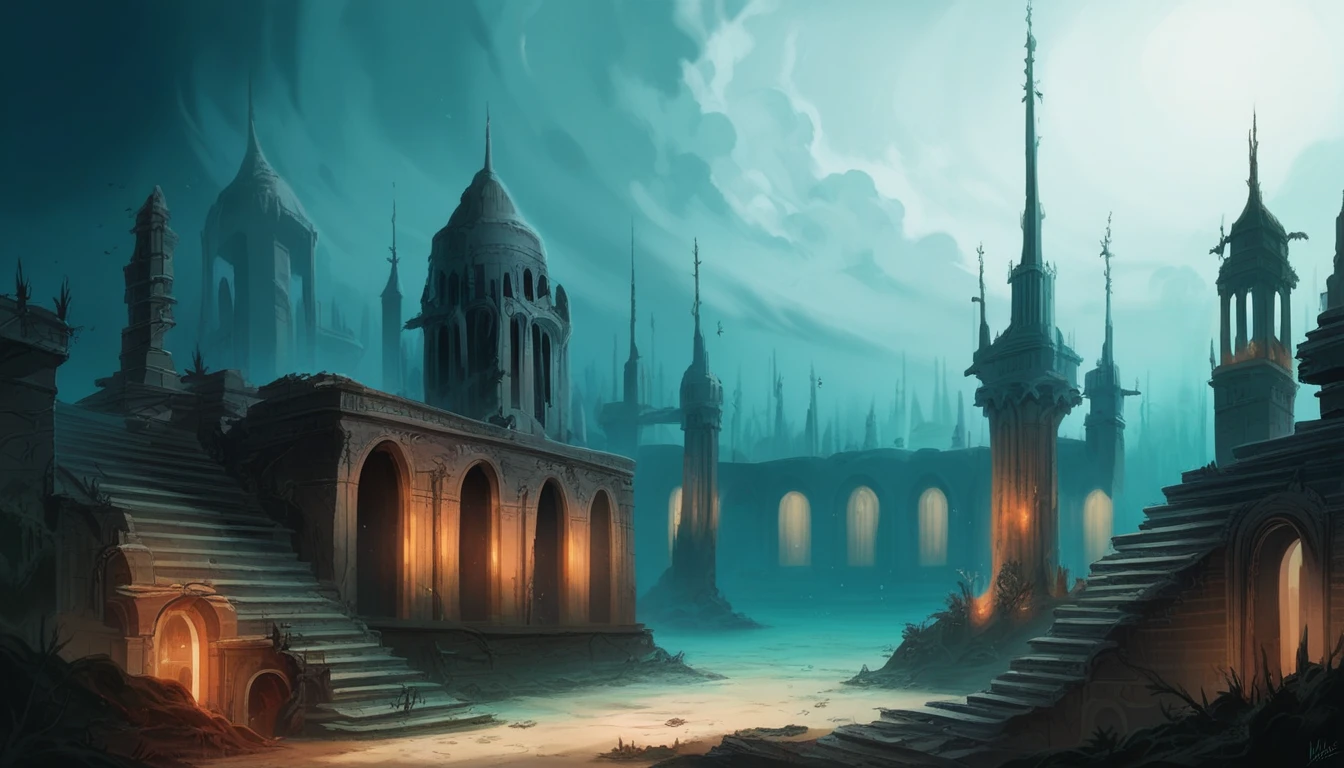 a dark and eerie looking underwater scene with a large building, a matte painting by Harry Haenigsen, pinterest, gothic art, underwater temple, dark city ruins, dark fantasy setting, undersea temple, underwater city, an underwater city, beautiful and mysterious, dark fantasy world, dark fantasy environment, dark fantasy atmosphere, dark ruins landscape, magical environment, beautiful with eerie vibes. Dark mosque.