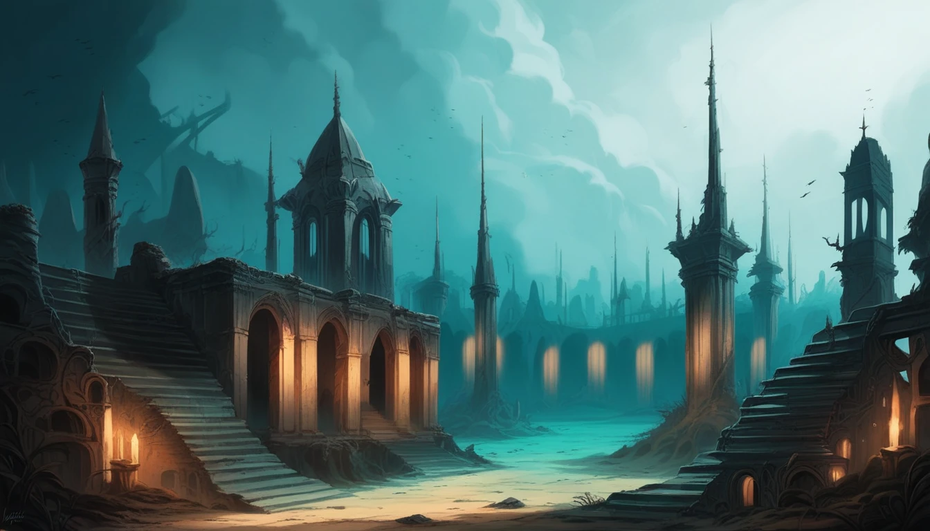 a dark and eerie looking underwater scene with a large building, a matte painting by Harry Haenigsen, pinterest, gothic art, underwater temple, dark city ruins, dark fantasy setting, undersea temple, underwater city, an underwater city, beautiful and mysterious, dark fantasy world, dark fantasy environment, dark fantasy atmosphere, dark ruins landscape, magical environment, beautiful with eerie vibes. Dark mosque.