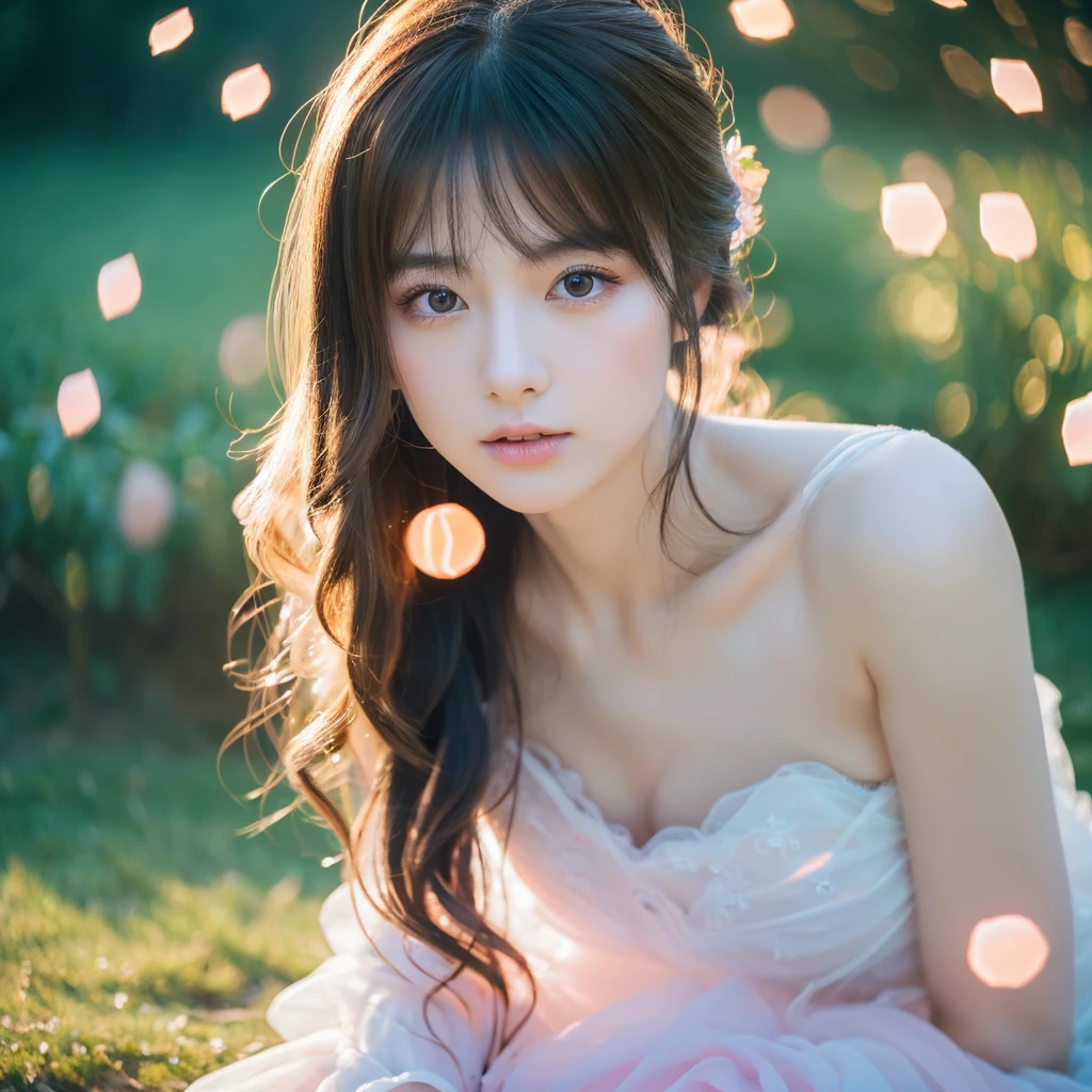 a cute asian girl, naked body, nude breast, long flowing hair, ethereal, delicate facial features, porcelain skin, dreamlike, whimsical, fantasy, magical, surreal, (best quality,4k,8k,highres,masterpiece:1.2),ultra-detailed,(realistic,photorealistic,photo-realistic:1.37),detailed eyes,detailed lips,extremely detailed face,longeyelashes,fantasy landscape, glowing orbs, soft lighting, pastel colors, romantic, ethereal atmosphere