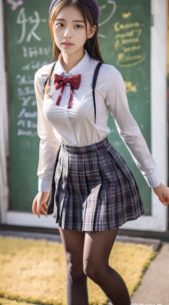 (8k,Ultra-high resolution,Highest quality,masterpiece,Realistic,Ultra-high resolution,High-quality RAW color photos,Professional photos,Realistic,Realistic),Natural skin texture,Fine skin,Hyperrealism,Intricate details,Adult women,Eye highlights.Lip gloss,Glossy Lips,(Cute smile,Short Hair,Dark blonde hair,bangs),(((gigantic breast,Big Breasts))),(Schoolgirl uniform,(White Cutter Shirt),Azure check patterned pleated mini skirt,tie),Urban area,((face focus,Staring at the audience)),((((windy up skirt,Skirt fluttering in the wind,skirt lift))))