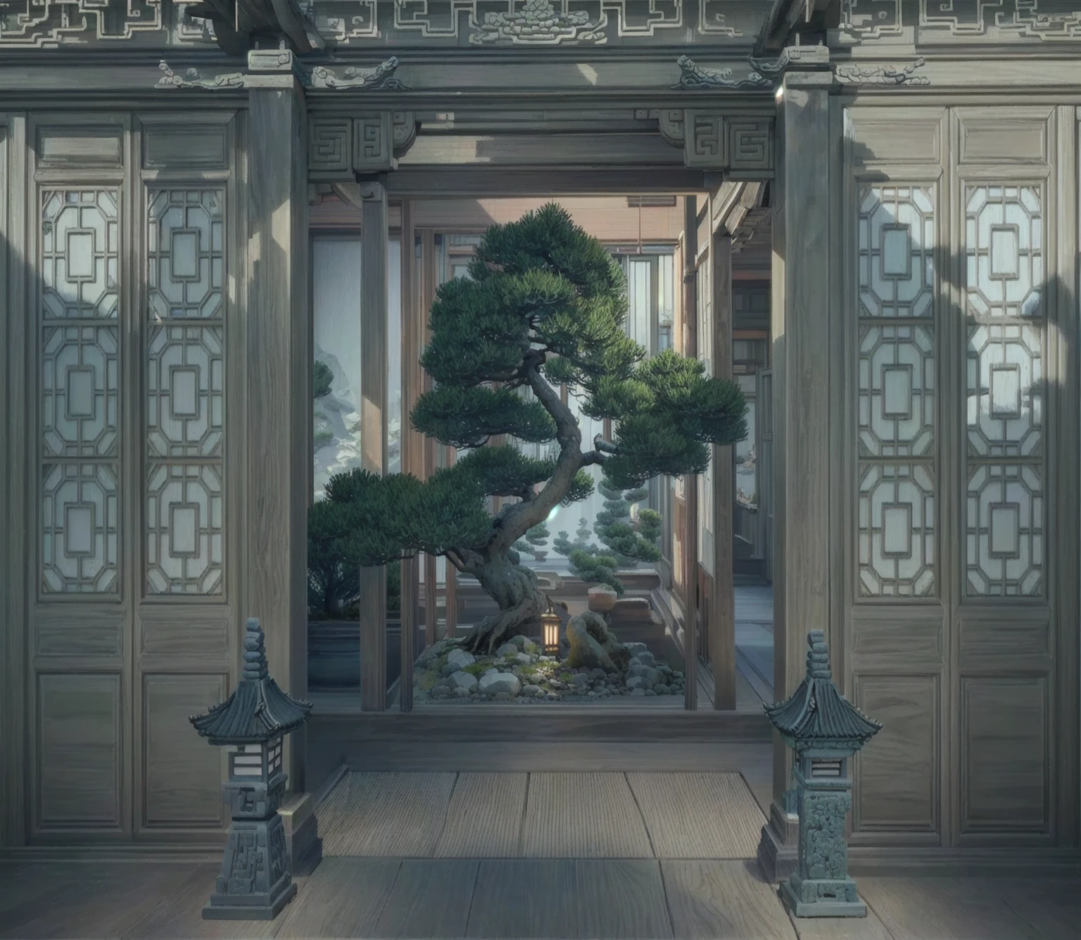 There is a bonsai tree in the middle of the room, Cyberpunk Japanese Temple, Cyberpunk Chinese Ancient Castle, Beautiful rendering of the Tang Dynasty, Zen temple background, Bonsai Tree House, Yu Zhiding, In line with Chinese aesthetics, by Fei Danxu, Inspired by Liu Jun, Inspired by Fei Danxu, Beautiful screenshots, Quiet and peaceful atmosphere, Highly detailed environments
