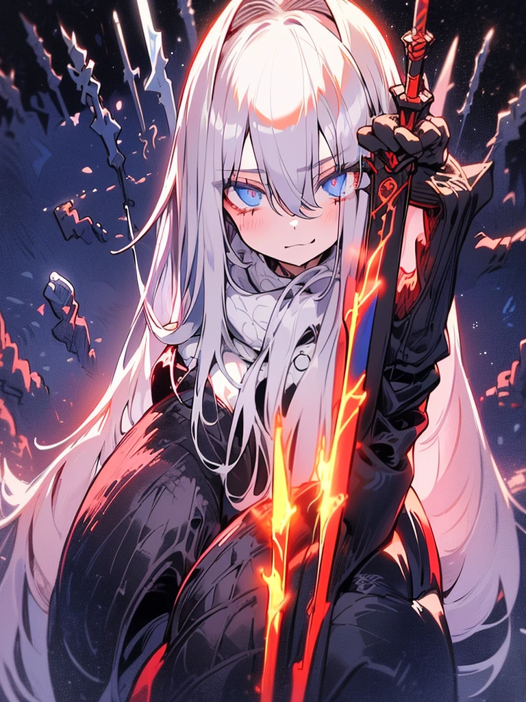 (late afternoon,dense atmosphere,cold,sensual,medieval,hurricane,Lightning,eyeing,eye),(8k highly detailed),female, white hooded cloak, long white hair,Full body silver armor,tired,masterpiece,mature,slim,tall,(((((holding a holysword))))),dark fantasy,cinematic light,dymanic shadow,blue eyes,suffering,wandering