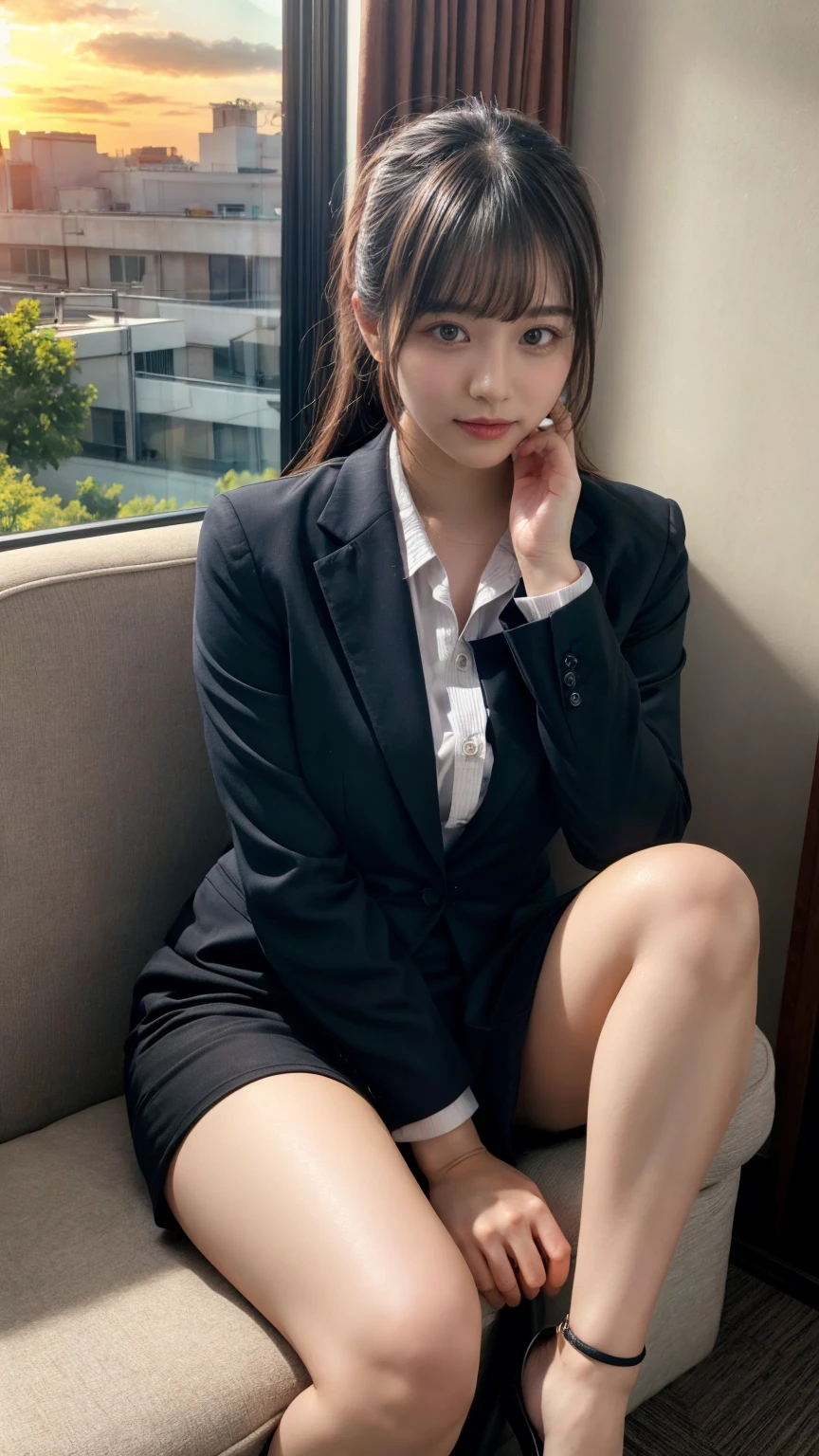 masterpiece, best quality, illustration, Super detailed, fine details, High resolution, 8K,wall paper, perfect dynamic composition,(Details High quality, realistic depiction of eyes:1.3), Office Lady, ,Suit,Collared shirt, Black Suit,Black jacket, updo, huge breasts, black hair color, Big Natural Color Lip, bold sexy pose, crying a little、20 year old girl、cute type、ta、beautiful legs, hotel room, full body photo、focus on crotch, hposing Gravure Idol, Sexy shot looking at camera, Sunset, by the window, Summer, make up, Curve