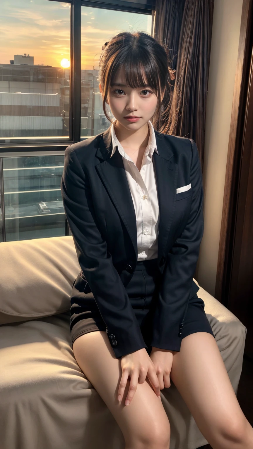 masterpiece, best quality, illustration, Super detailed, fine details, High resolution, 8K,wall paper, perfect dynamic composition,(Details High quality, realistic depiction of eyes:1.3), Office Lady, ,Suit,Collared shirt, Black Suit,Black jacket, updo, huge breasts,  black hair color, Big Natural Color Lip, bold sexy pose, crying a little、20 year old girl、cute type、lolita、beautiful legs, hotel room, full body photo、focus on crotch, hposing Gravure Idol, Sexy shot looking at camera, Sunset, by the window, Summer, make up, Curve