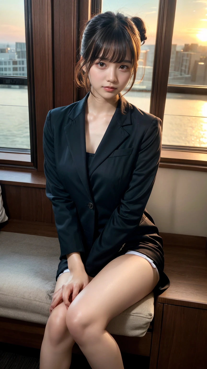 masterpiece, best quality, illustration, Super detailed, fine details, High resolution, 8K,wall paper, perfect dynamic composition,(Details High quality, realistic depiction of eyes:1.3), Office Lady, ,Suit,Collared shirt, Black Suit,Black jacket, updo, huge breasts,  black hair color, Big Natural Color Lip, bold sexy pose, crying a little、20 year old girl、cute type、lolita、beautiful legs, hotel room, full body photo、focus on crotch, hposing Gravure Idol, Sexy shot looking at camera, Sunset, by the window, Summer, make up, Curve