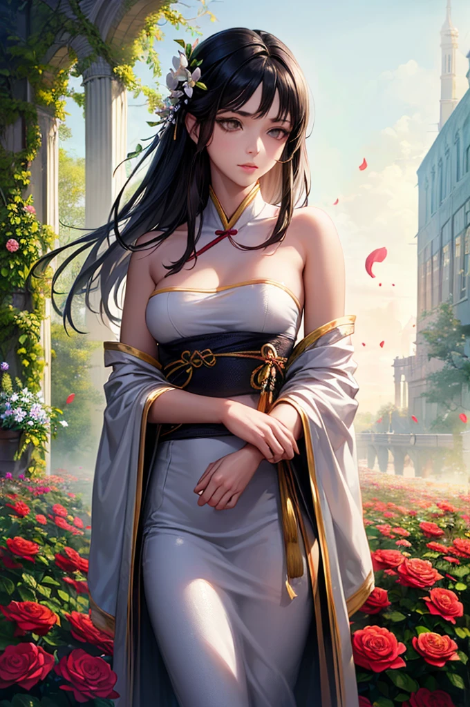 (Girl: 1.5), race, ribbon, Hanfu, (masterpiece, Side light, delicate and beautiful gray eyes: 1.2), masterpiece, Realistic, Glowing Eyes, Shiny Hair, Black Hair, Long Hair, Shiny skin, alone, awkward, Strapless, delicate, beautiful, garden, Flowers, Fluttering petals,