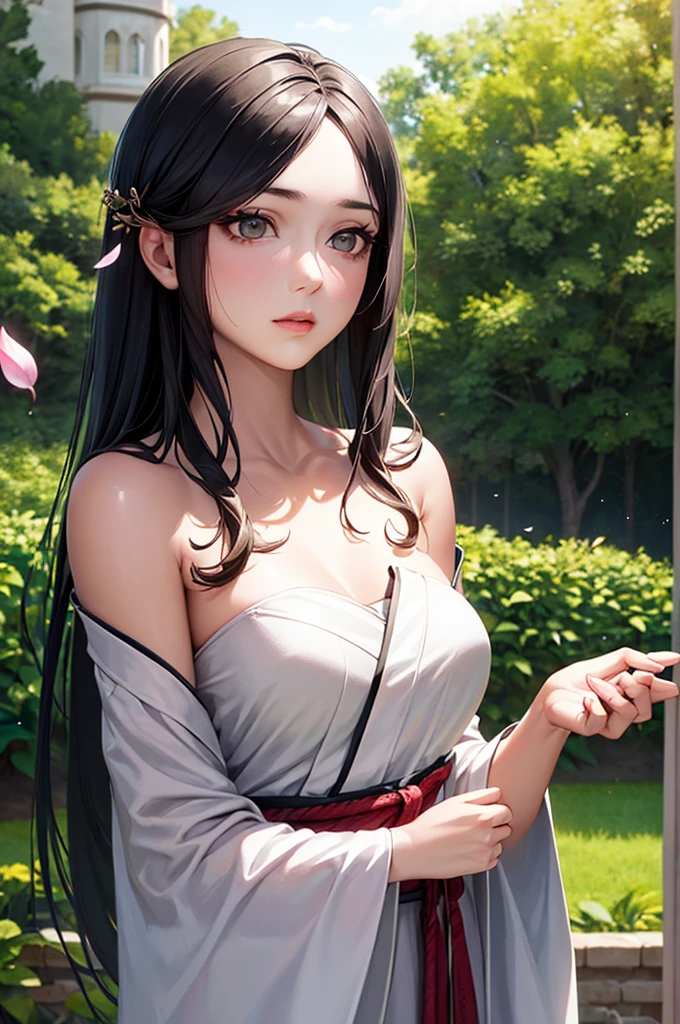 (Girl: 1.5), race, ribbon, Hanfu, (masterpiece, Side light, delicate and beautiful gray eyes: 1.2), masterpiece, Realistic, Glowing Eyes, Shiny Hair, Black Hair, Long Hair, Shiny skin, alone, awkward, Strapless, delicate, beautiful, garden, Flowers, Fluttering petals,