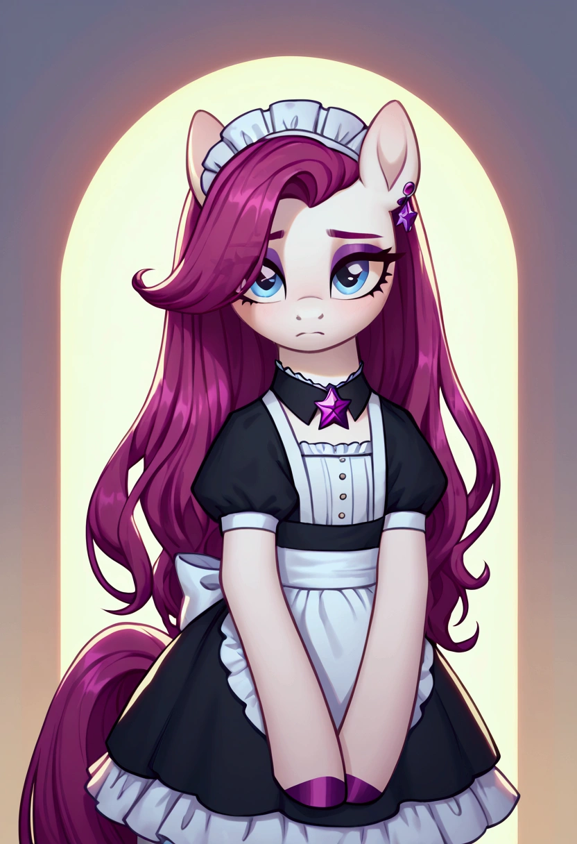 score_9,score_8_up,score_7_up,score_6_up, ((my little pony)), radiant lighting, vibrant colors, whimsical atmosphere, 8K, high resolution, highly detailed, masterpiece, (shy look), ((pony body)), white body, blue eyes, (maid costume), striped stockings, star pendant, earrings, eyeshadow, ((magenta long hair:1.6))