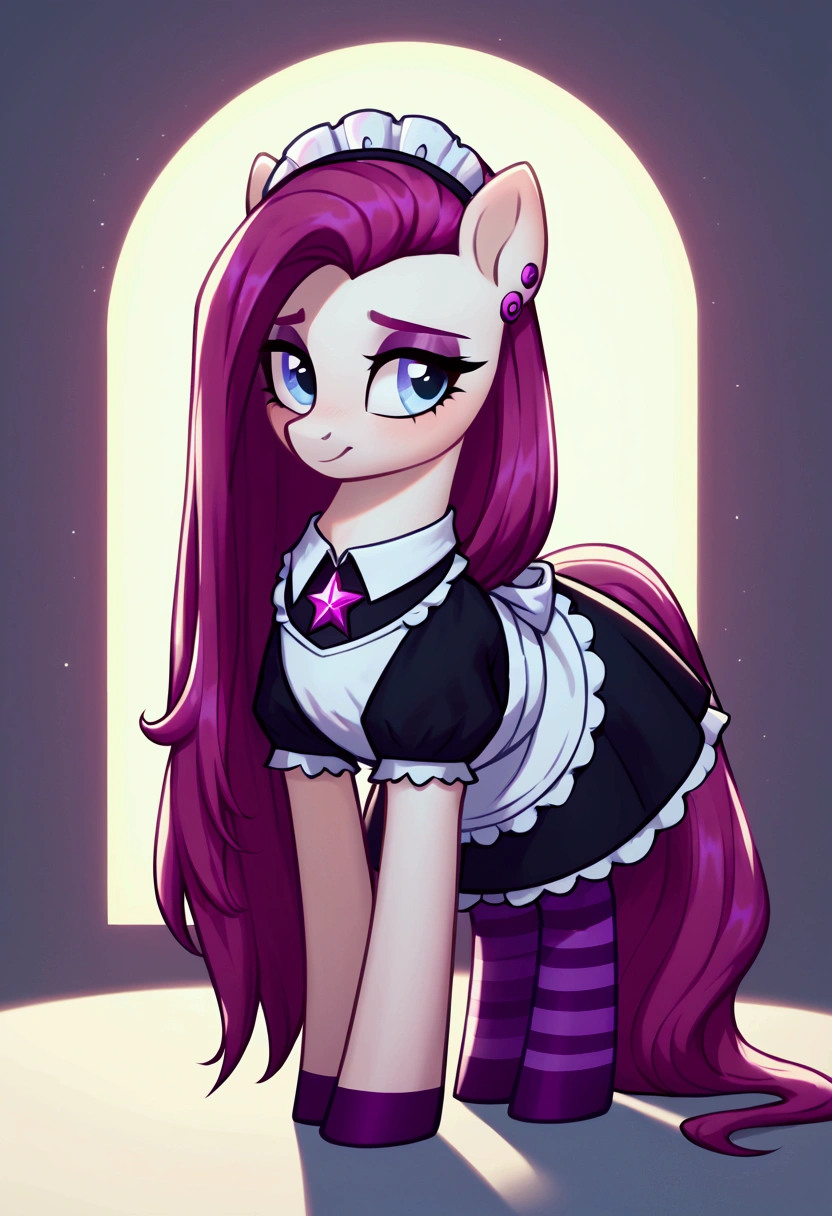 score_9,score_8_up,score_7_up,score_6_up, ((my little pony)), radiant lighting, vibrant colors, whimsical atmosphere, 8K, high resolution, highly detailed, masterpiece, (shy look), ((pony body)), white body, blue eyes, (maid costume), striped stockings, star pendant, earrings, eyeshadow, ((magenta long hair:1.6))