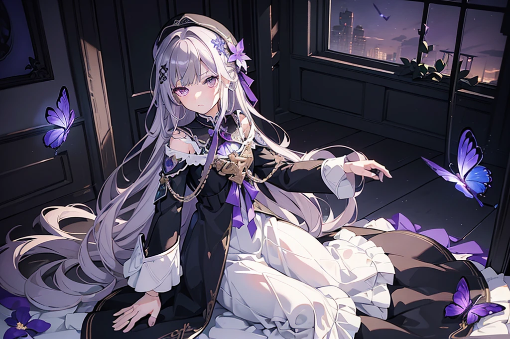 (best quality:1.3), (masterpiece:1.3), (illustration:1.3), (ultra-detailed:1.3), 1girl, solo, very young, flat chest, purple eyes, white hair, long hair, black dress, white coat, black beret, serious expression, angry expression, looking at viewer, purple flower, hair ornament, short, french braid, night sky, glowing purple butterfly, indoors, estate, mansion,