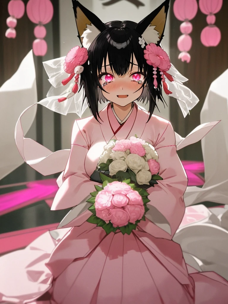 fox ears,black hair,short hair,pink eyes,Japanese clothes,Wedding dress,have a bouquet,happy tears,Wedding hall,family,