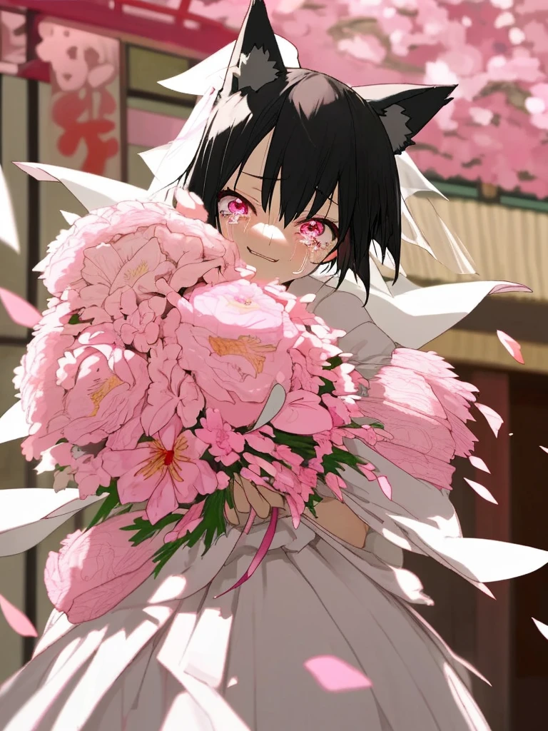 fox ears,black hair,short hair,pink eyes,Japanese clothes,Wedding dress,have a bouquet,happy tears,Wedding hall,family,