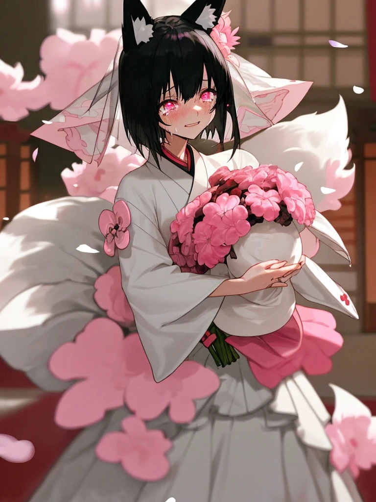 fox ears,black hair,short hair,pink eyes,Japanese clothes,Wedding dress,have a bouquet,happy tears,Wedding hall,family,