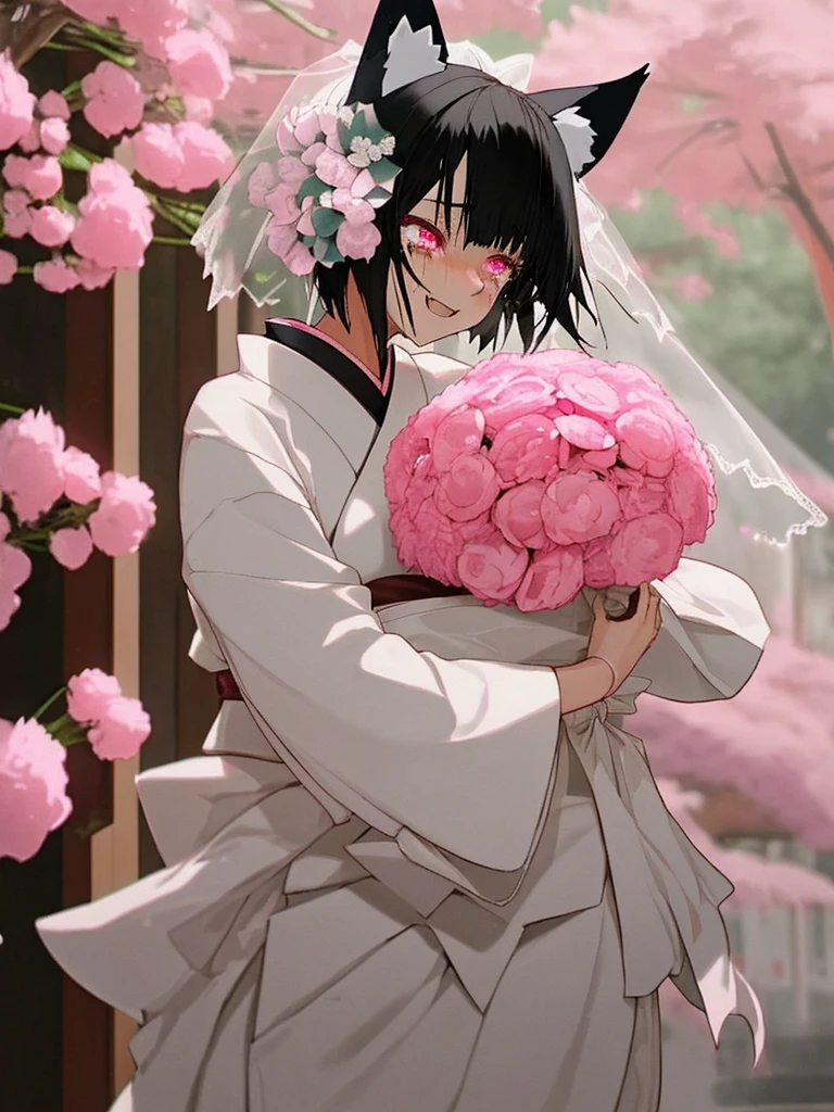 fox ears,black hair,short hair,pink eyes,Japanese clothes,Wedding dress,have a bouquet,happy tears,Wedding hall,family,