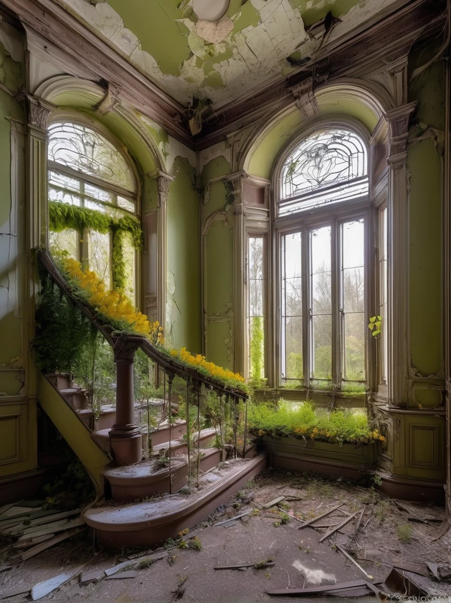 An abandoned Victorian mansion overtaken by nature, avec des fous-efeu escaladant ses murs en ruine faits de décombres fous et des fleurs sauvages qui fleurissent à travers les fissures d&#39;an old paved path. The setting sun casts a golden hue on the stage, soulignant la beauté étrange de la décadence et le pouvoir implacable de la nature récupérant les créations humaines, (head of&#39;artwork:1.2), best quality, (hyperdétaillé, the most detailed:1.2), textures haute résolution