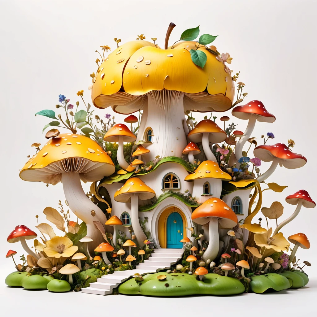 Minimalist architectural composition made from apple peels, With intricate floral and mushroom elements, Create a surreal and dreamy illustration, 4K, 8K, best quality, masterpiece, Reality, Extremely detailed, Studio Lighting, Bright colors, Soft colors, White background