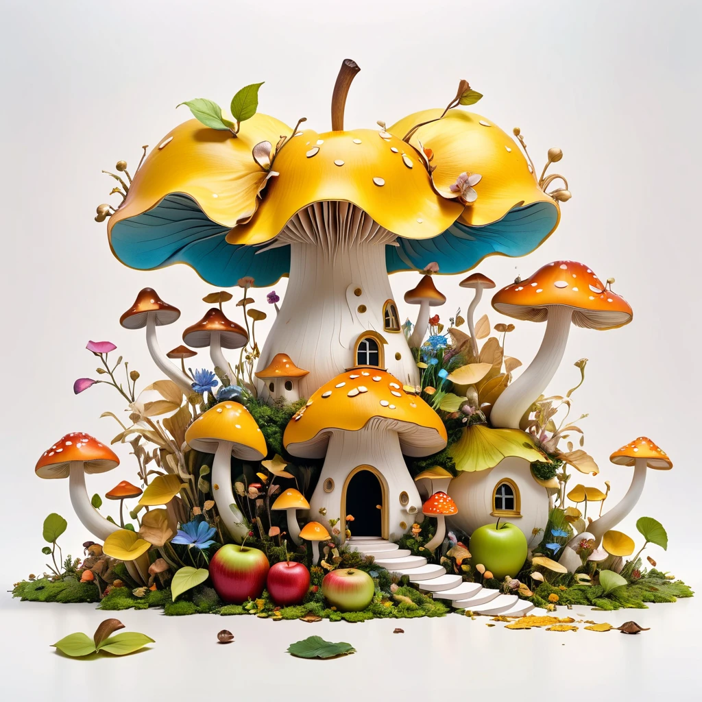 Minimalist architectural composition made from apple peels, With intricate floral and mushroom elements, Create a surreal and dreamy illustration, 4K, 8K, best quality, masterpiece, Reality, Extremely detailed, Studio Lighting, Bright colors, Soft colors, White background