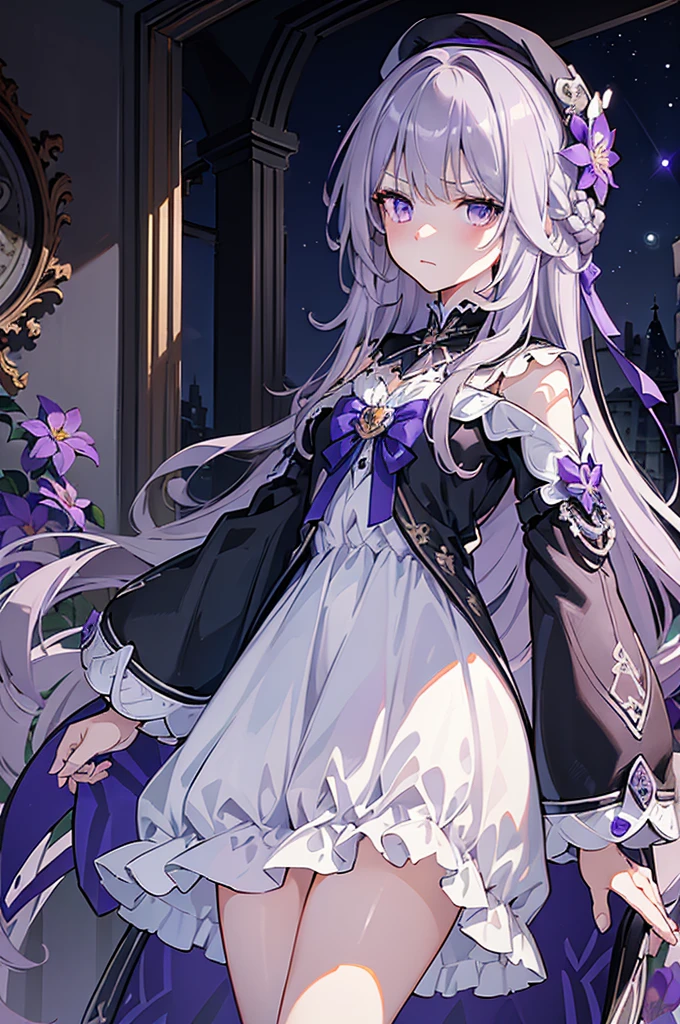 (best quality:1.3), (masterpiece:1.3), (illustration:1.3), (ultra-detailed:1.3), 1girl, solo, very young, flat chest, purple eyes, white hair, long hair, black dress, white coat, black beret, serious expression, angry expression, looking at viewer, purple flower, hair ornament, short, french braid, night sky, glowing purple butterfly, indoors, estate, mansion,